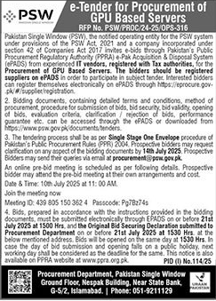 Pakistan Single Window Islamabad Tender Notice